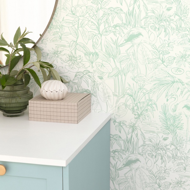 Papel Pintado Flamencos y pájaros en medio del follaje - HERRETE 02 | MURAKE - 86302