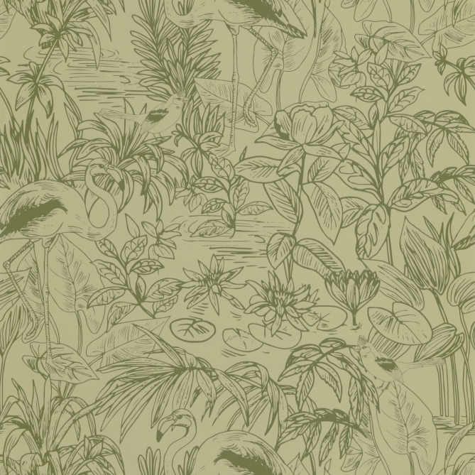 Papel Pintado Flamencos y pájaros en medio del follaje - HERRETE 03 | MURAKE - 86303