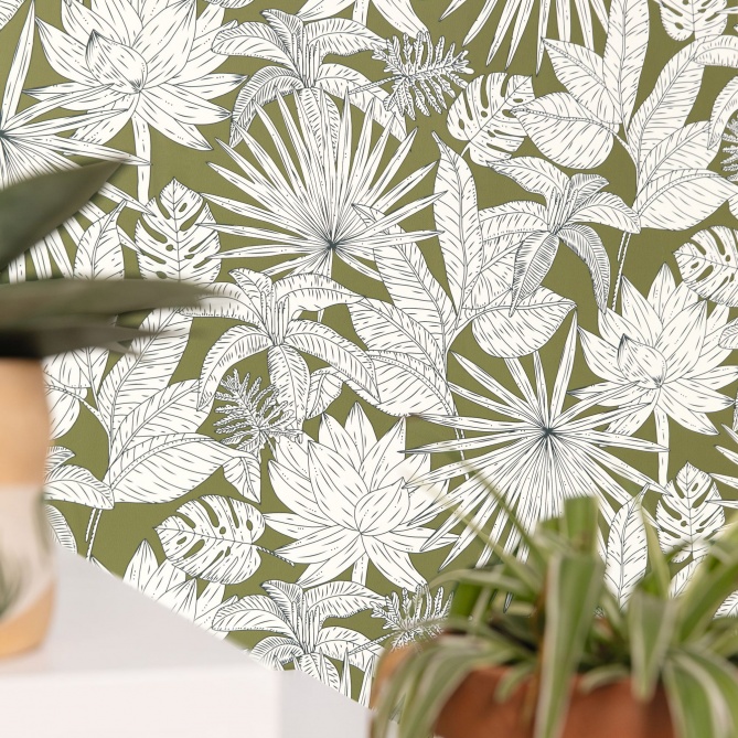Papel Pintado Hojas y flores tropicales yuxtapuestas - GORDIMA 06 | MURAKE - 86346