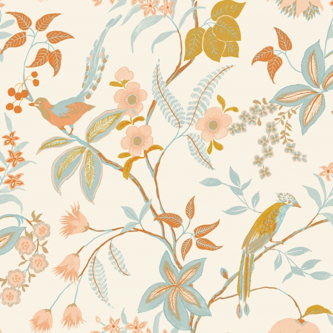 Papel Pintado Pájaros elegantes sobre follaje y flores - MINOTA 01 | MURAKE - 86121
