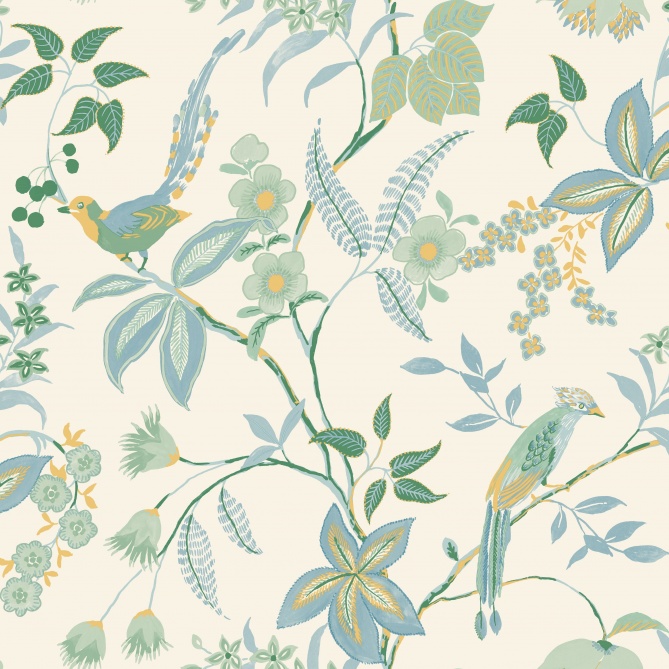 Papel Pintado Pájaros elegantes sobre follaje y flores - MINOTA 02 | MURAKE - 86122
