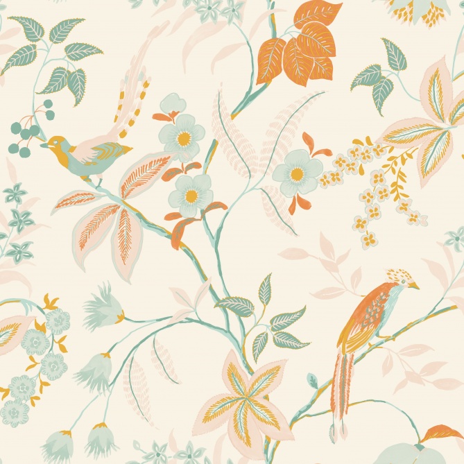 Papel Pintado Pájaros elegantes sobre follaje y flores - MINOTA 03 | MURAKE - 86123