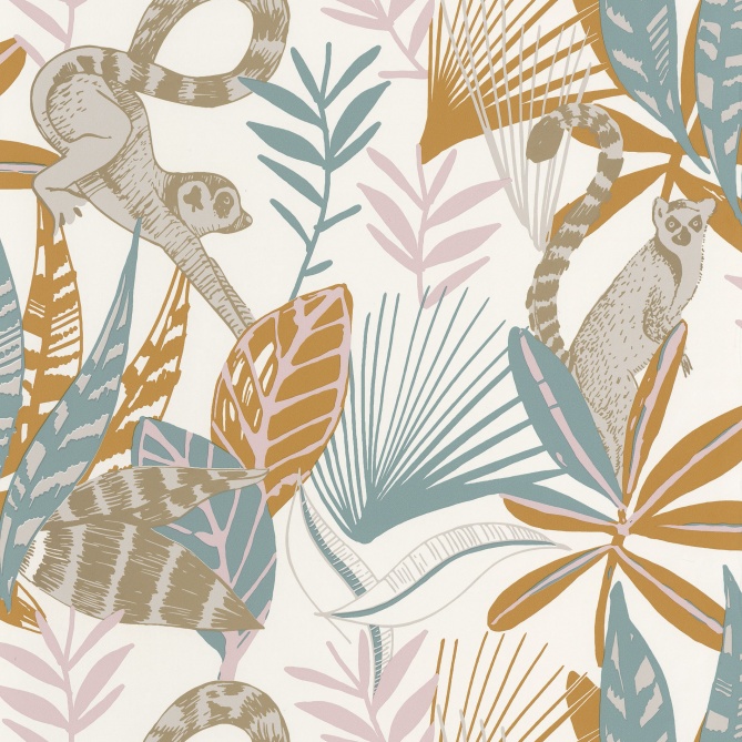 Papel Pintado Lémures entre follaje tropical - ARCACHON 02 | MURAKE - 86402