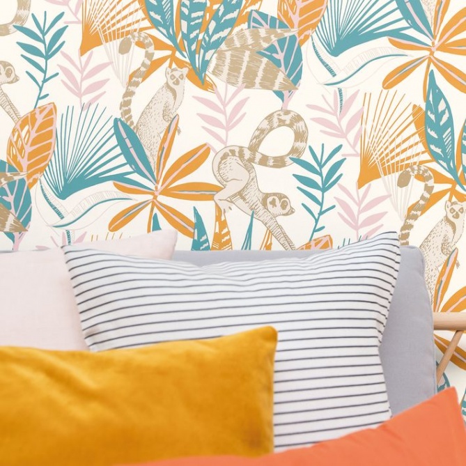 Papel Pintado Lémures entre follaje tropical - ARCACHON 02 | MURAKE - 86402