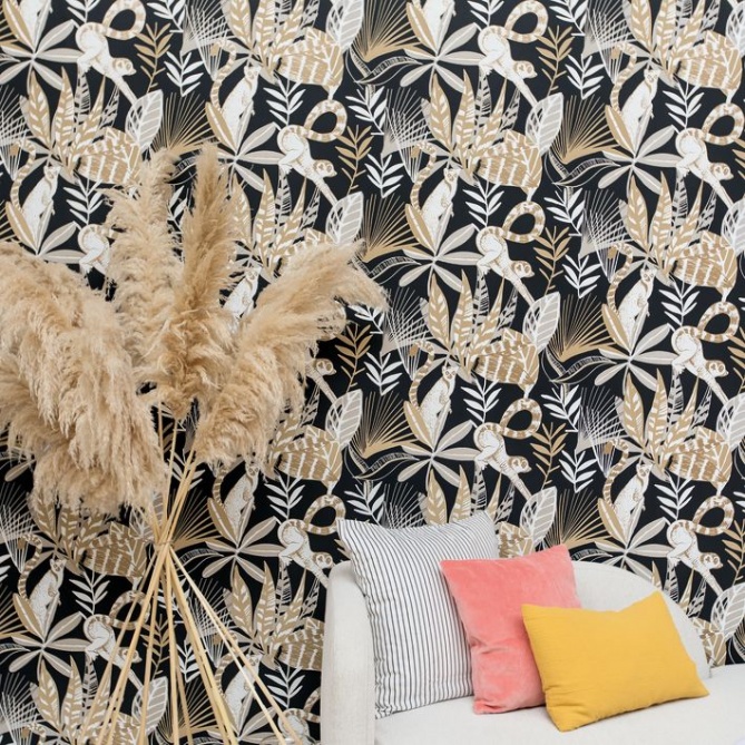 Papel Pintado Lémures entre follaje tropical - ARCACHON 06 | MURAKE - 86406