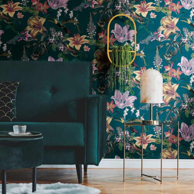 Papel Pintado Aves entre flores de hibisco - LISMORE 02 | MURAKE - 878692