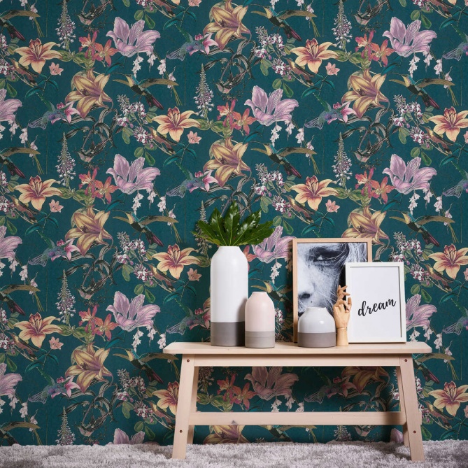 Papel Pintado Aves entre flores de hibisco - LISMORE 02 | MURAKE - 878692