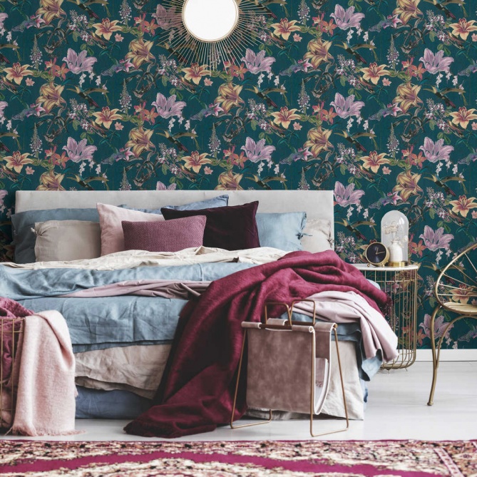 Papel Pintado Aves entre flores de hibisco - LISMORE 02 | MURAKE - 878692