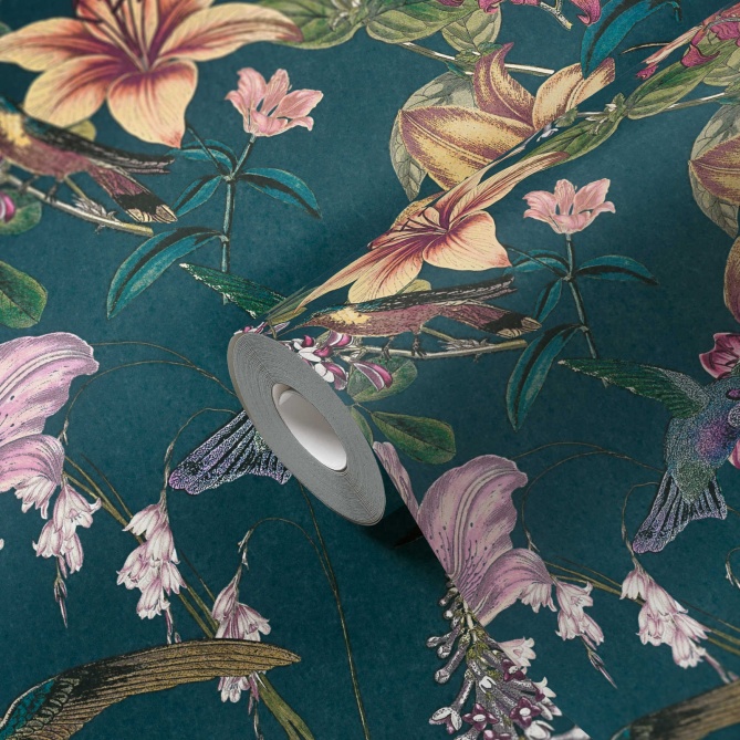 Papel Pintado Aves entre flores de hibisco - LISMORE 02 | MURAKE - 878692