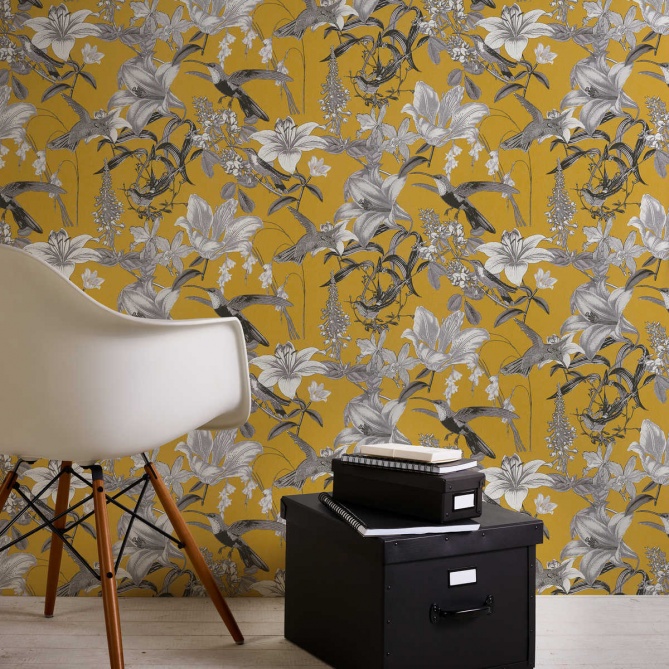 Papel Pintado Aves entre flores de hibisco - LISMORE 03 | MURAKE - 878693