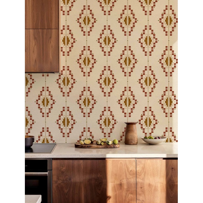 Papel pintado geométrico étnico terracota - QUIPU 01 | MURAKE - 101489