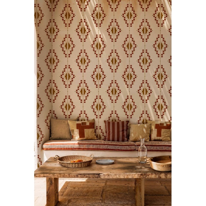 Papel pintado geométrico étnico terracota - QUIPU 01 | MURAKE - 101489