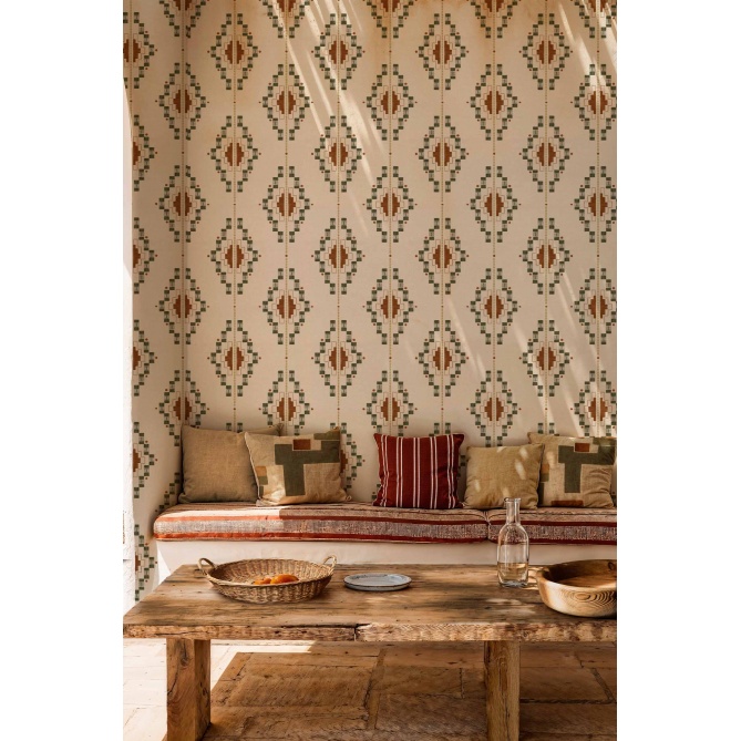 Papel pintado geométrico verde oliva - QUIPU 03 | MURAKE - 101491