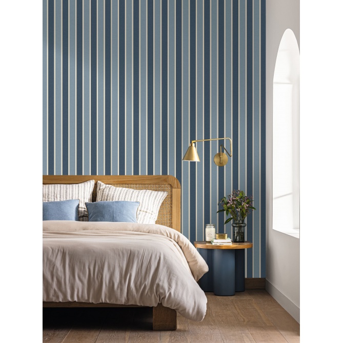 Papel pintado de rayas azul denim y oro - RIVEL 04 | MURAKE - 879922