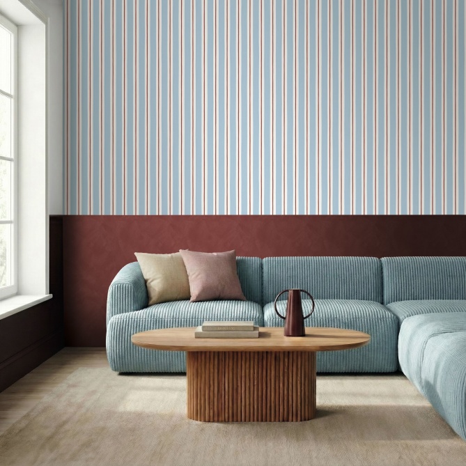 Papel pintado de rayas acuarela azul y burdeos - LIVANA 01 | MURAKE - 879927
