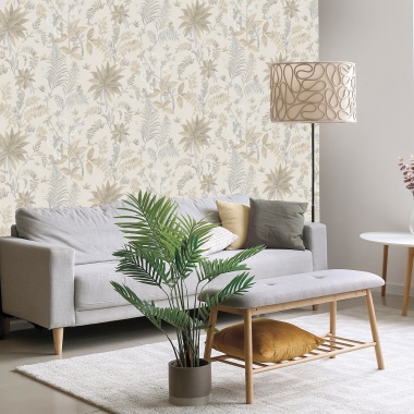 Papel pintado de hojas y flores exóticas beige - KALINDRA 01 | MURAKE - 842100