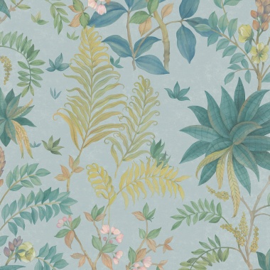 Papel pintado de hojas y flores exóticas azul - KALINDRA 02 | MURAKE - 842101