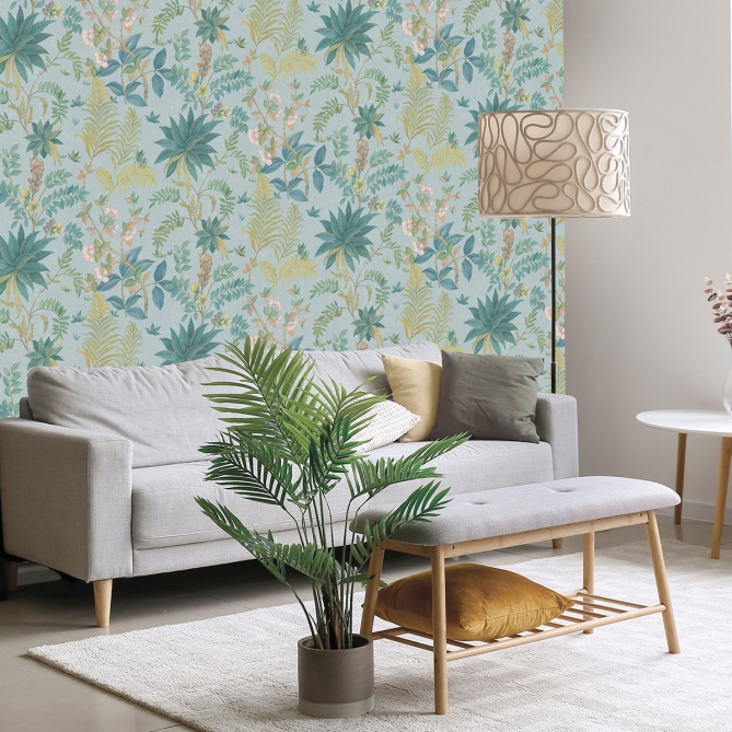 Papel pintado de hojas y flores exóticas azul - KALINDRA 02 | MURAKE - 842101