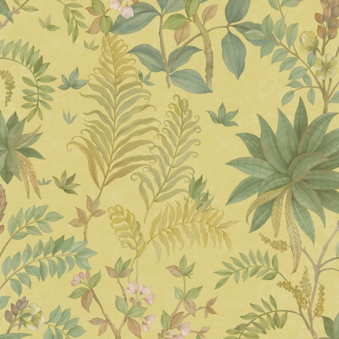 Papel pintado de hojas y flores exóticas amarillo - KALINDRA 04 | MURAKE - 842103