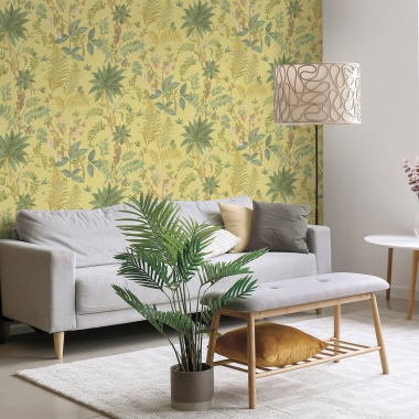 Papel pintado de hojas y flores exóticas amarillo - KALINDRA 04 | MURAKE - 842103