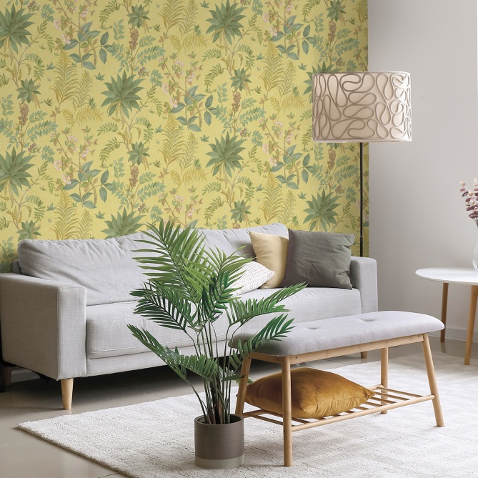 Papel pintado de hojas y flores exóticas amarillo - KALINDRA 04 | MURAKE - 842103