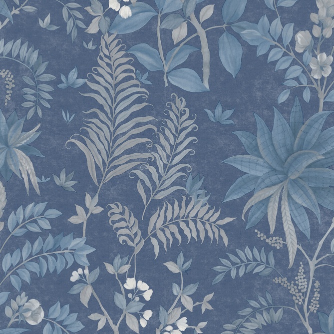 Papel pintado de hojas y flores exóticas azul - KALINDRA 05 | MURAKE - 842104