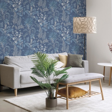 Papel pintado de hojas y flores exóticas azul - KALINDRA 05 | MURAKE - 842104