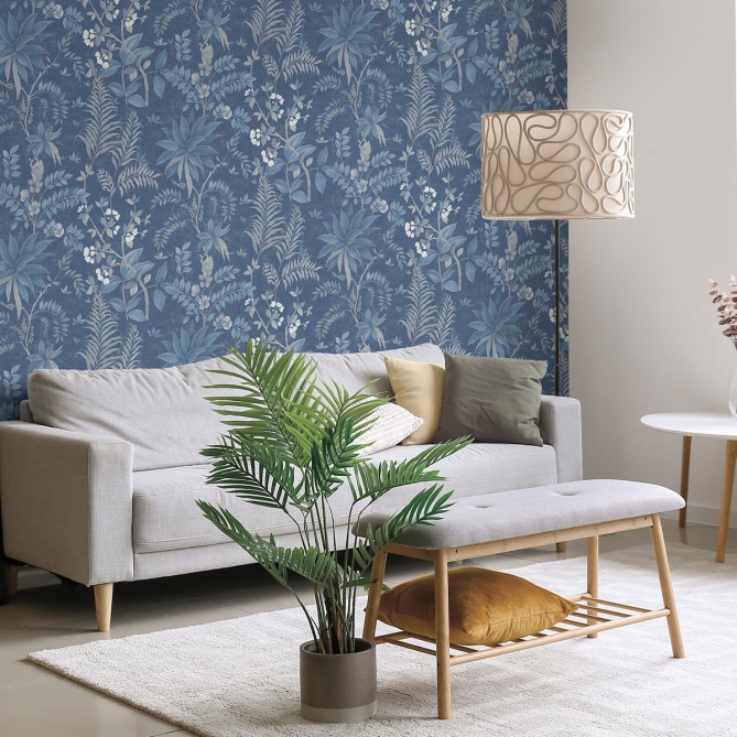 Papel pintado de hojas y flores exóticas azul - KALINDRA 05 | MURAKE - 842104