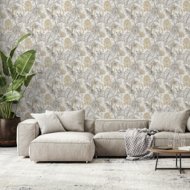 Papel pintado de plantas tropicales beige - PALMYRIA 01 | MURAKE - 842109