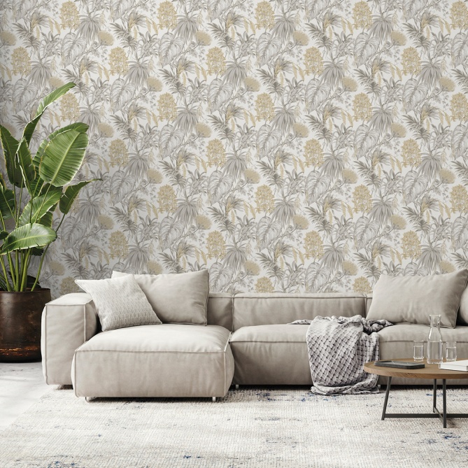 Papel pintado de plantas tropicales beige - PALMYRIA 01 | MURAKE - 842109