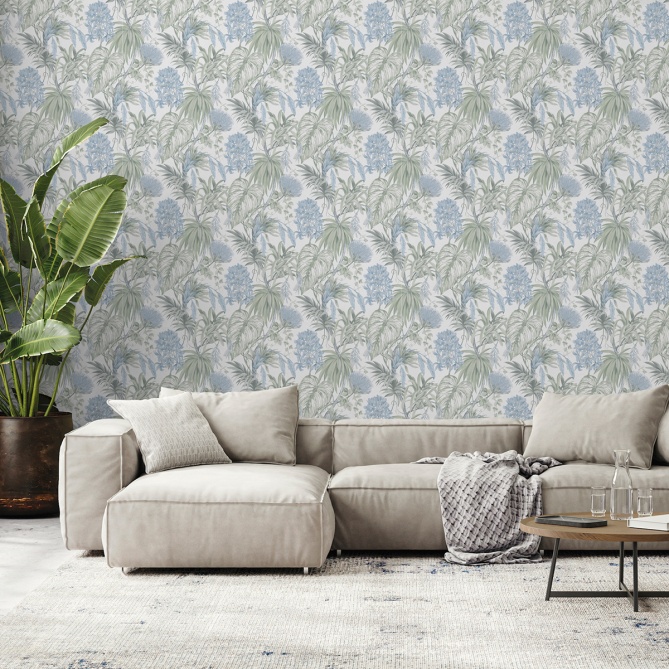 Papel pintado de plantas tropicales azul - PALMYRIA 02 | MURAKE - 842110