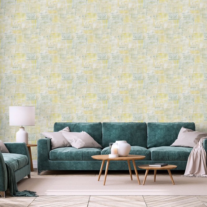Papel pintado de efecto tejido étnico amarillo - KANTORIA 05 | MURAKE - 842132