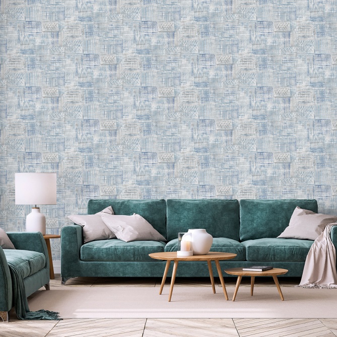 Papel pintado de efecto tejido étnico azul - KANTORIA 02 | MURAKE - 842129
