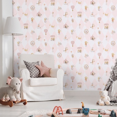 Papel pintado infantil de circo y rombos rosa - ARLECHIN 01 | MURAKE - 842199