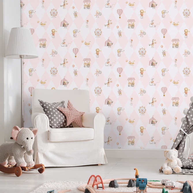 Papel pintado infantil de circo y rombos rosa - ARLECHIN 01 | MURAKE - 842199
