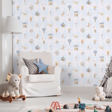 Papel pintado infantil de circo y rombos azul - ARLECHIN 02 | MURAKE - 842200