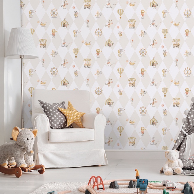 Papel pintado infantil de circo y rombos beige - ARLECHIN 03 | MURAKE - 842201