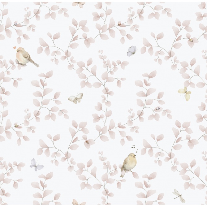 Papel pintado infantil de aves y ramas rosa - MADARKA 01 | MURAKE - 842205