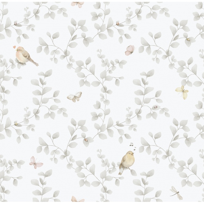 Papel pintado infantil de aves y ramas gris - MADARKA 02 | MURAKE - 842206
