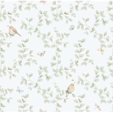Papel pintado infantil de aves y ramas verde - MADARKA 03 | MURAKE - 842207