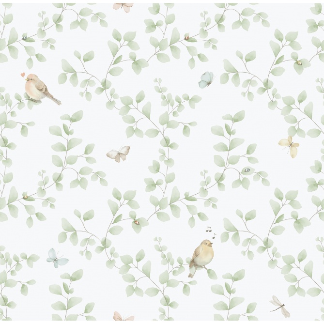 Papel pintado infantil de aves y ramas verde - MADARKA 03 | MURAKE - 842207