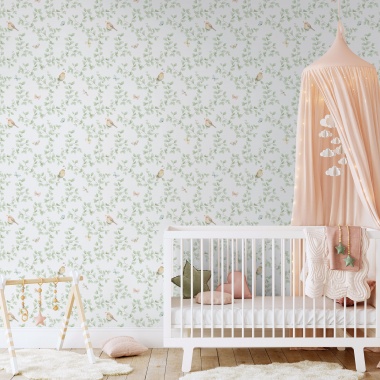 Papel pintado infantil de aves y ramas verde - MADARKA 03 | MURAKE - 842207