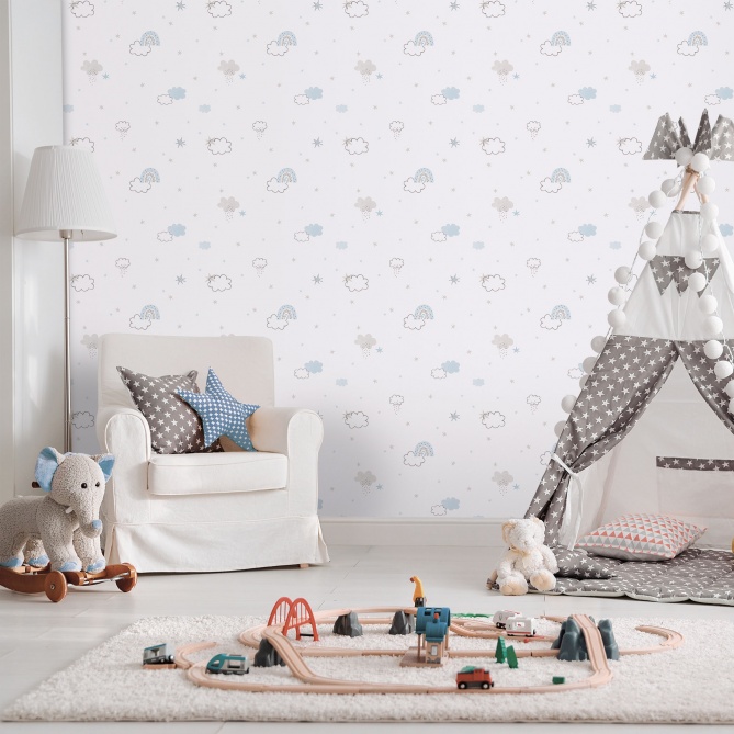Papel pintado infantil de arcoíris y nubes azul - TECZA 02 | MURAKE - 842220
