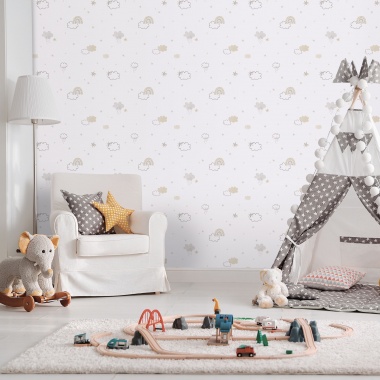 Papel pintado infantil de arcoíris y nubes beige - TECZA 03 | MURAKE - 842221