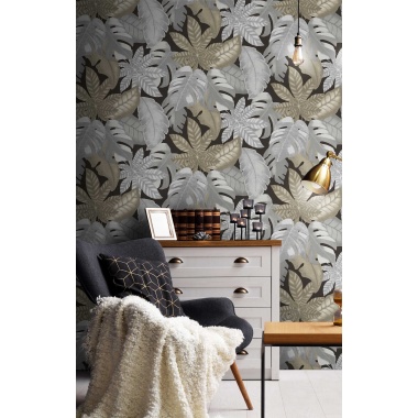Papel pintado hojas tropicales gris - VENALIA 06 | MURAKE - 836712