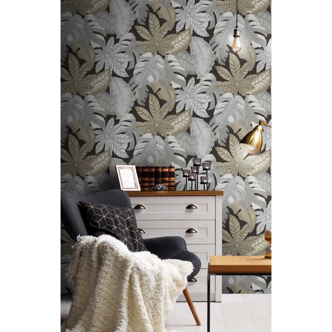 Papel pintado hojas tropicales gris - VENALIA 06 | MURAKE - 836712