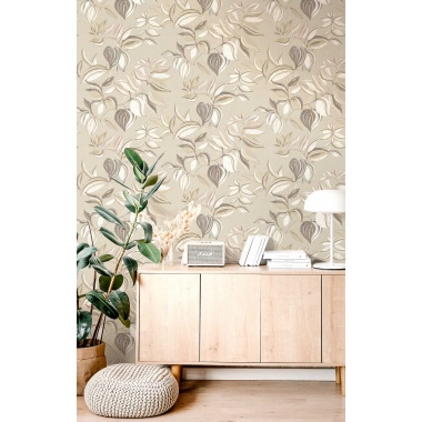 Papel pintado ramas y hojas colgantes beige - SARAVI 01 | MURAKE - 836717
