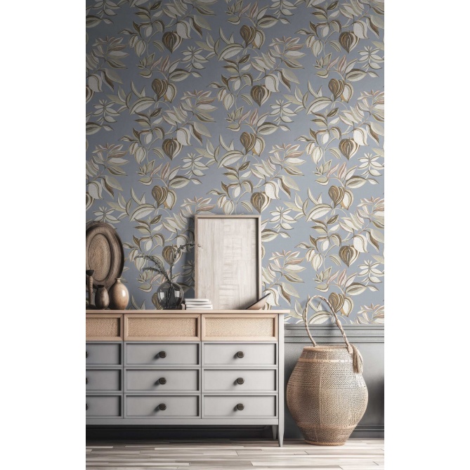 Papel pintado ramas y hojas colgantes azul - SARAVI 02 | MURAKE - 836718