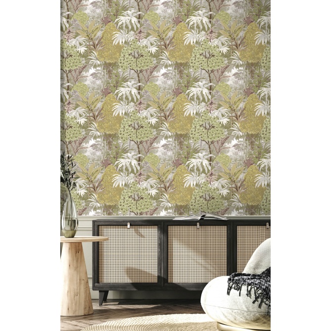 Papel pintado bosque tropical verde salvia dorado - SAVIREA 01 | MURAKE - 836757