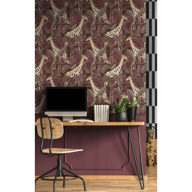 Papel pintado jirafas y palmeras burdeos - ZALUNIA 02 | MURAKE - 836776